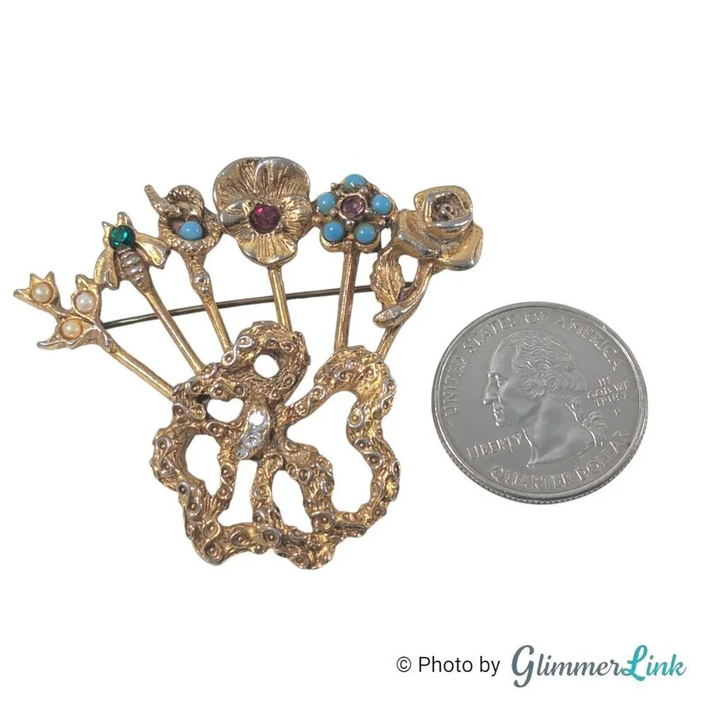 Vintage Victorian Revival Stick Pin Cluster Brooch Floral Bee Design 1960s